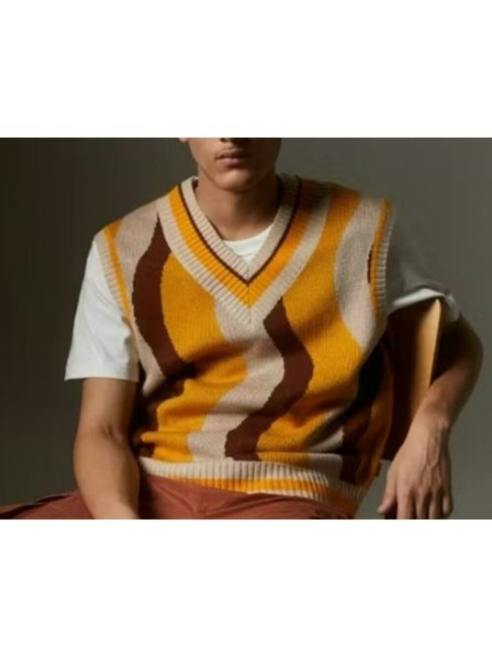 Retro-Inspired Urban Outfitters Knit Vest In Yellow & Brown Waves  Large